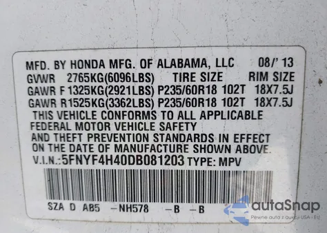 2013 Honda Pilot Ex z USA, uszkodzony, nr VIN 5FNYF4H40DB081203